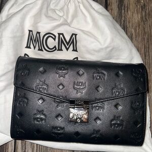 MCM Black Monogram Clutch with Silver Hardware